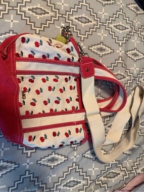 Canvas Cherry Print Crossbody Tote - Red & Cream